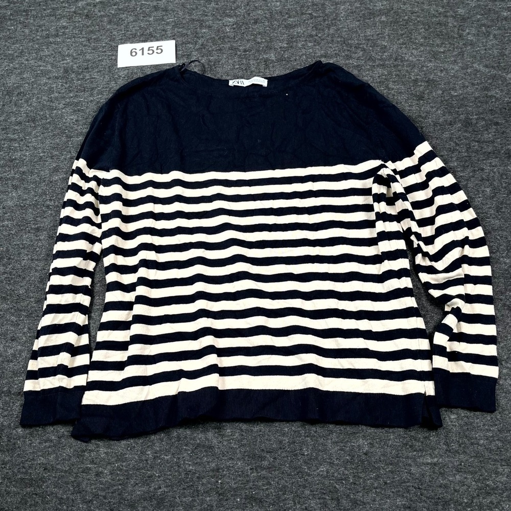 Zara Sweater Womens XL Black White Striped Tight Knit‎ Boat Neck Long Sleeve